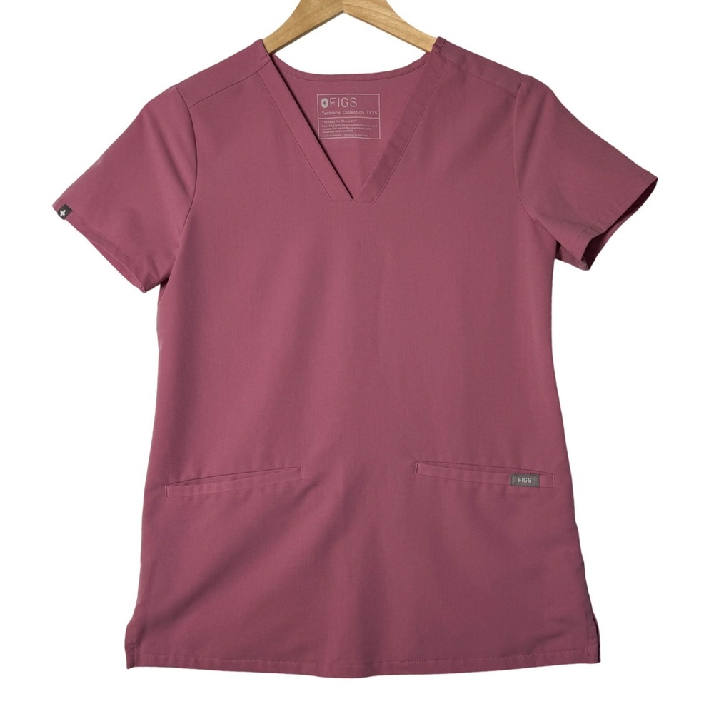 FIGS Technical Collection Scrub Top Womens XXS Rose Pink Short Sleeve V Neck
